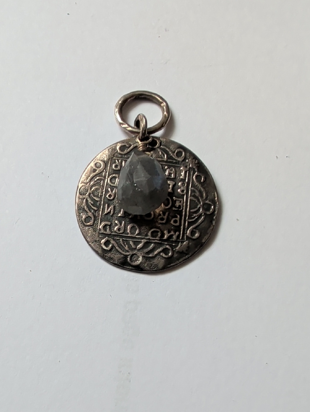 Vintage Silver Coin Pendant with Gray Teardrop Stone